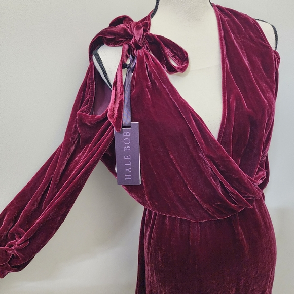 HALE BOB Silk Velvet Cold Shoulder Blouson Dress Tie Shoulder L‎ Cranberry NWT - Picture 4 of 16